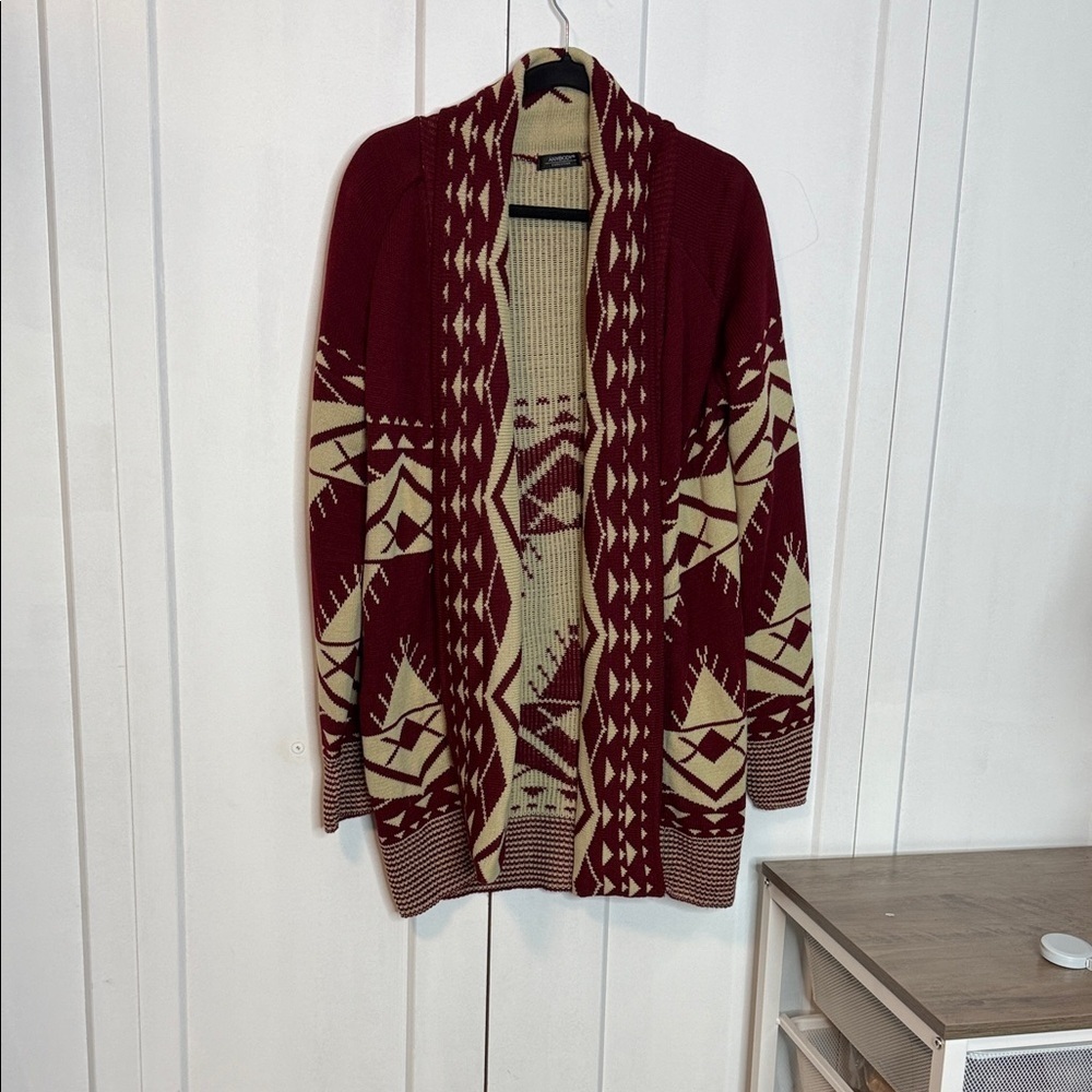 AnyBody | Knit Red Burgundy and Cream Cardigan Duster - Small-Medium